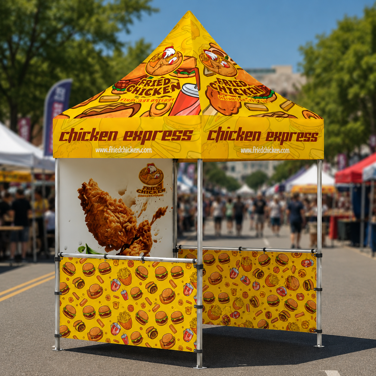 5x5 Custom Canopy Tent – Steel Frame with Full Back Wall & Two Half Side Walls (Logo Printing)