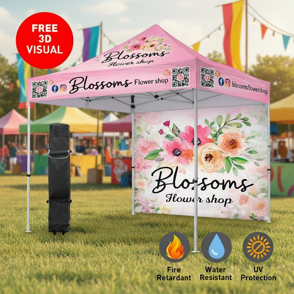 PACKAGE #2 ~ Premium 10x10 Custom Canopy Tent – Frame of Choice (HEX Aluminum or Steel) (Silver) with Full Back Wall & 17" Valance (Dye-Sublimation Printing)