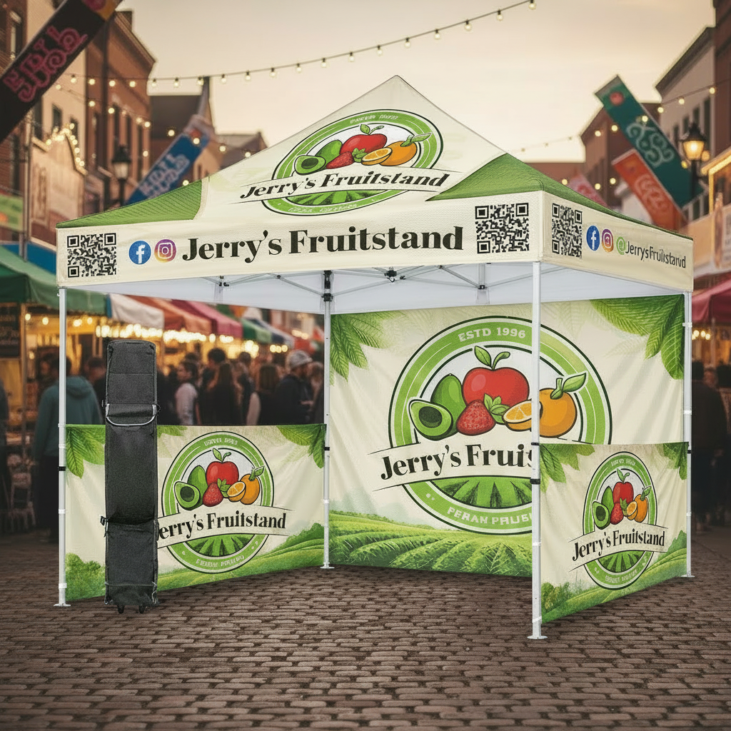 Premium 10x10 Custom Canopy Tent – Frame of Choice (HEX Aluminum or Steel) (Silver) with Full Back Wall, Two Half Side Walls & 17" Valance (Dye-Sublimation Printing)