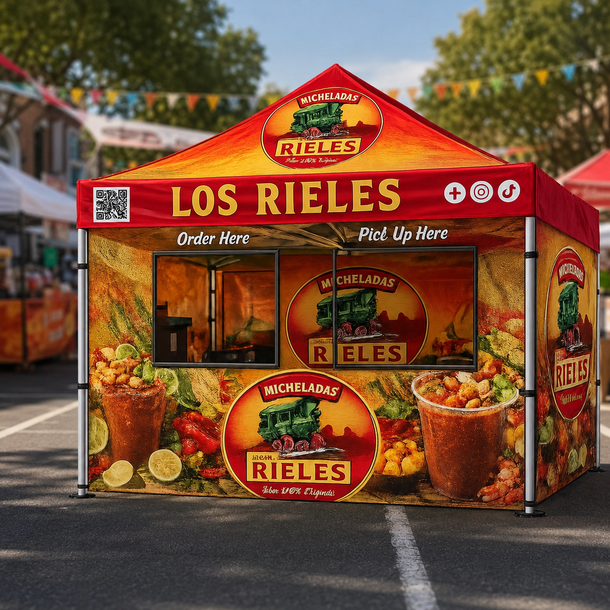 10'x10'~ Custom Food Booth Canopy Tent Package-HEX Aluminum Frame, Full Back Wall & 3 Half Side Walls with Half Mesh with Windows.