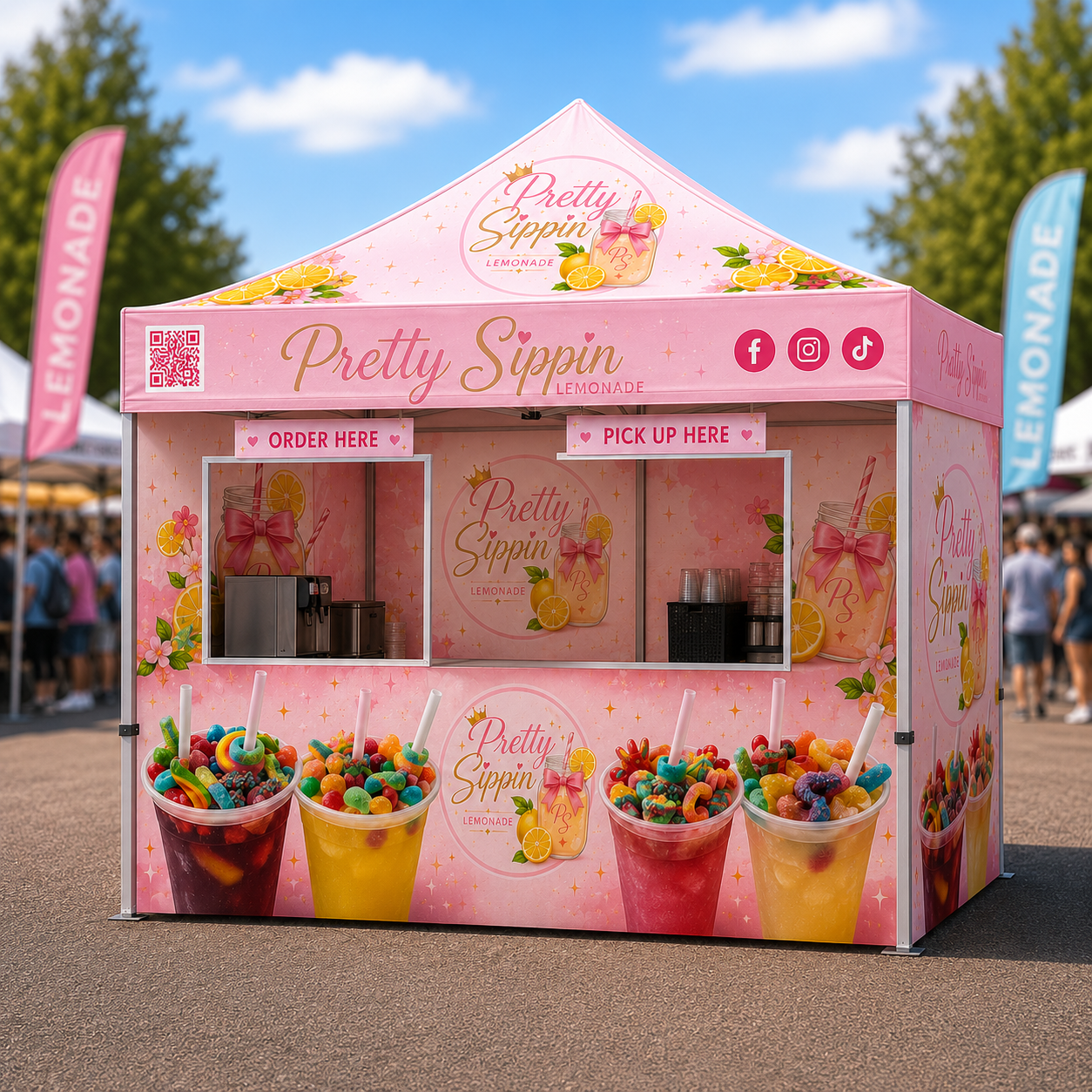 10'x10'~ Custom Food Booth Canopy Tent Package-HEX Aluminum Frame, Full Back Wall & 3 Half Side Walls with Half Mesh with Windows.