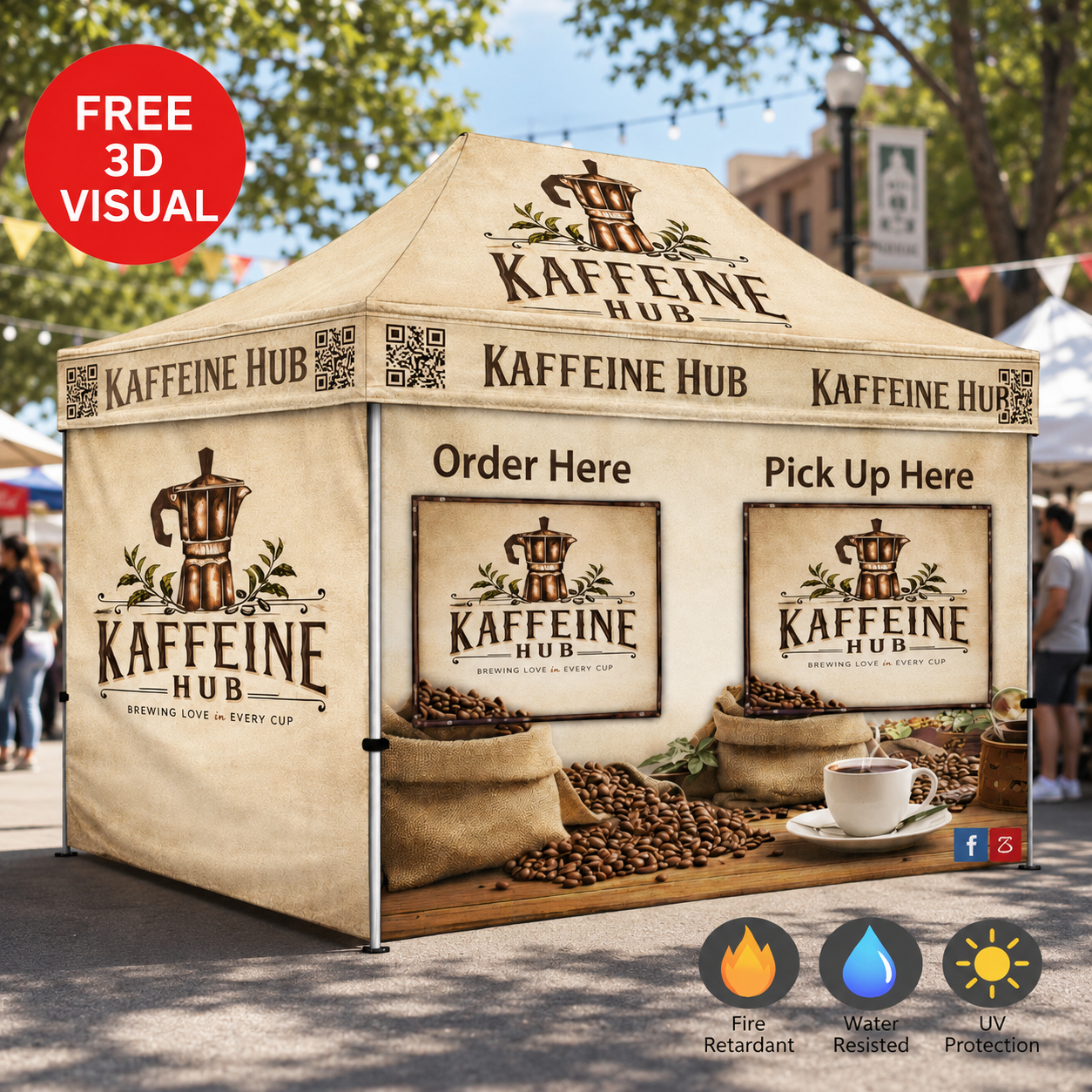 10'x15'~ Custom Food Booth Canopy Tent Package -HEX Aluminum Frame, Full Back Wall & 3 Half Side Walls with Half Mesh with Windows.