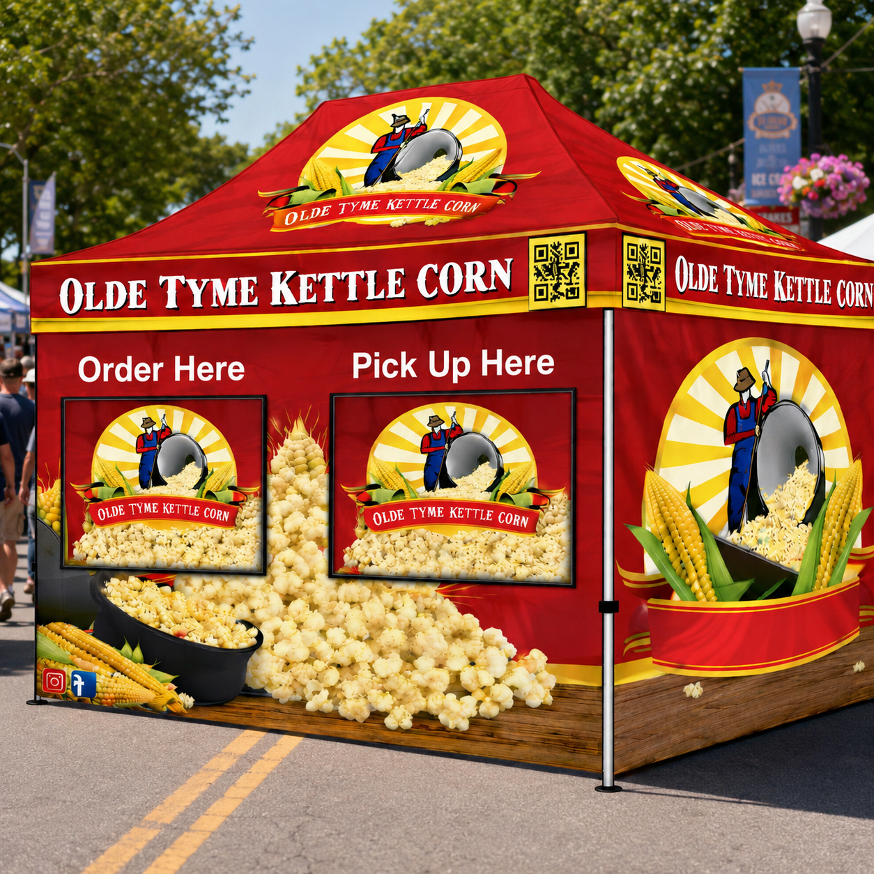 10'x15'~ Custom Food Booth Canopy Tent Package -HEX Aluminum Frame, Full Back Wall & 3 Half Side Walls with Half Mesh with Windows.