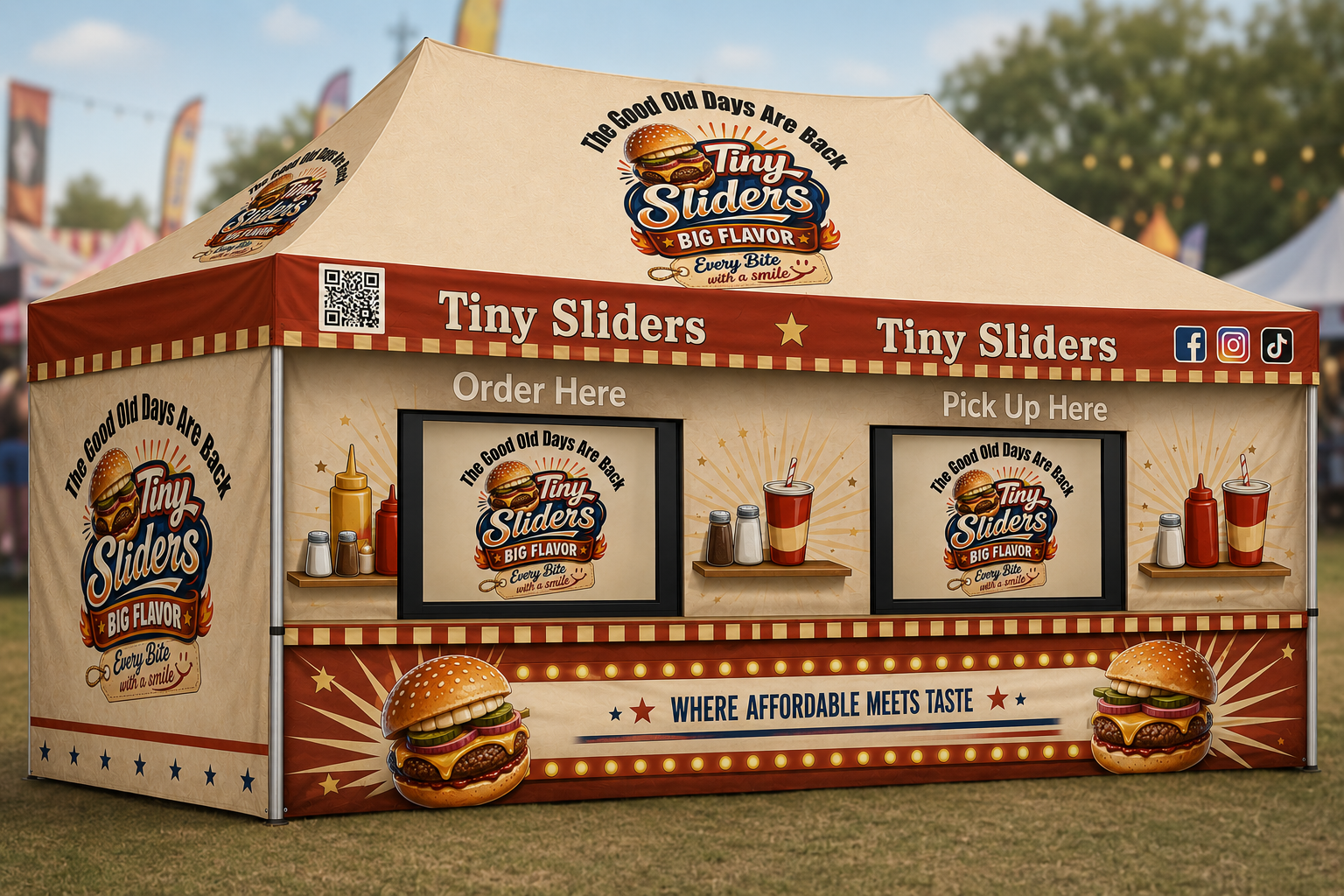 10'x20'~ Custom Food Booth Canopy Tent Package-HEX Aluminum Frame, Full Back Wall & 3 Half Side Walls with Half Mesh with Windows.