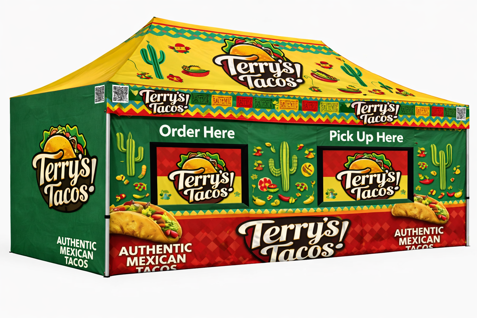 10'x20'~ Custom Food Booth Canopy Tent Package-HEX Aluminum Frame, Full Back Wall & 3 Half Side Walls with Half Mesh with Windows.