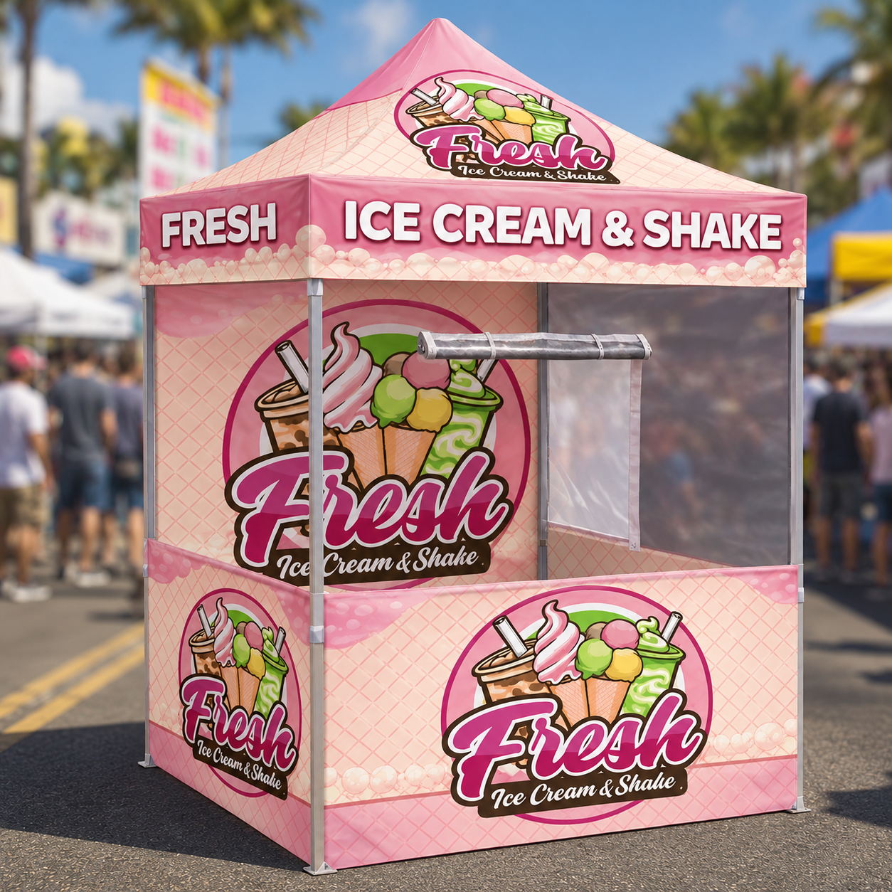5'x5'~ Custom Food Booth Canopy Tent Package -Steel Frame, Full Back Wall & 3 Half Side Walls with Half Mesh with Windows.