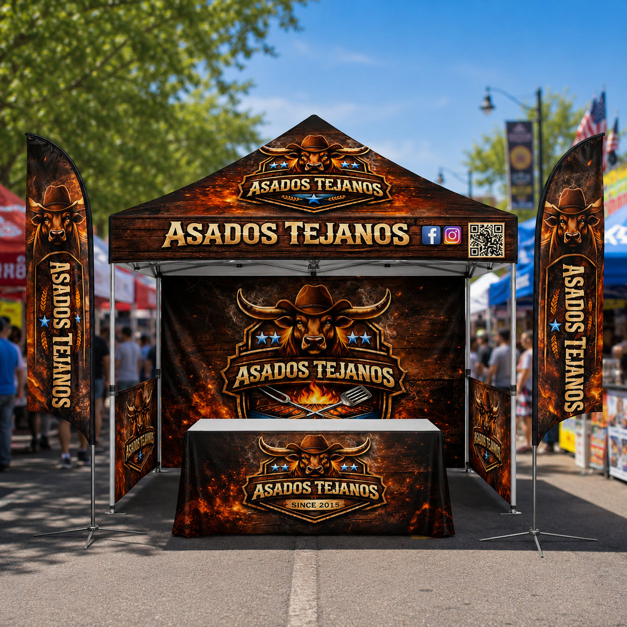 Trade Show Essential 10x10 Custom Canopy Tent – HEX Aluminum Frame, Full Back Wall & Half Side Walls + Flags + Table Cover