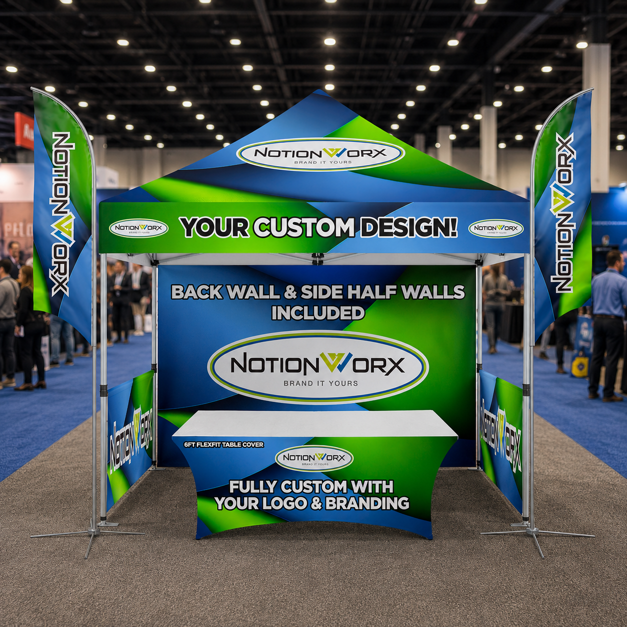 Trade Show Essential 10x10 Custom Canopy Tent – HEX Aluminum Frame, Full Back Wall & Half Side Walls + Flags + Table Cover