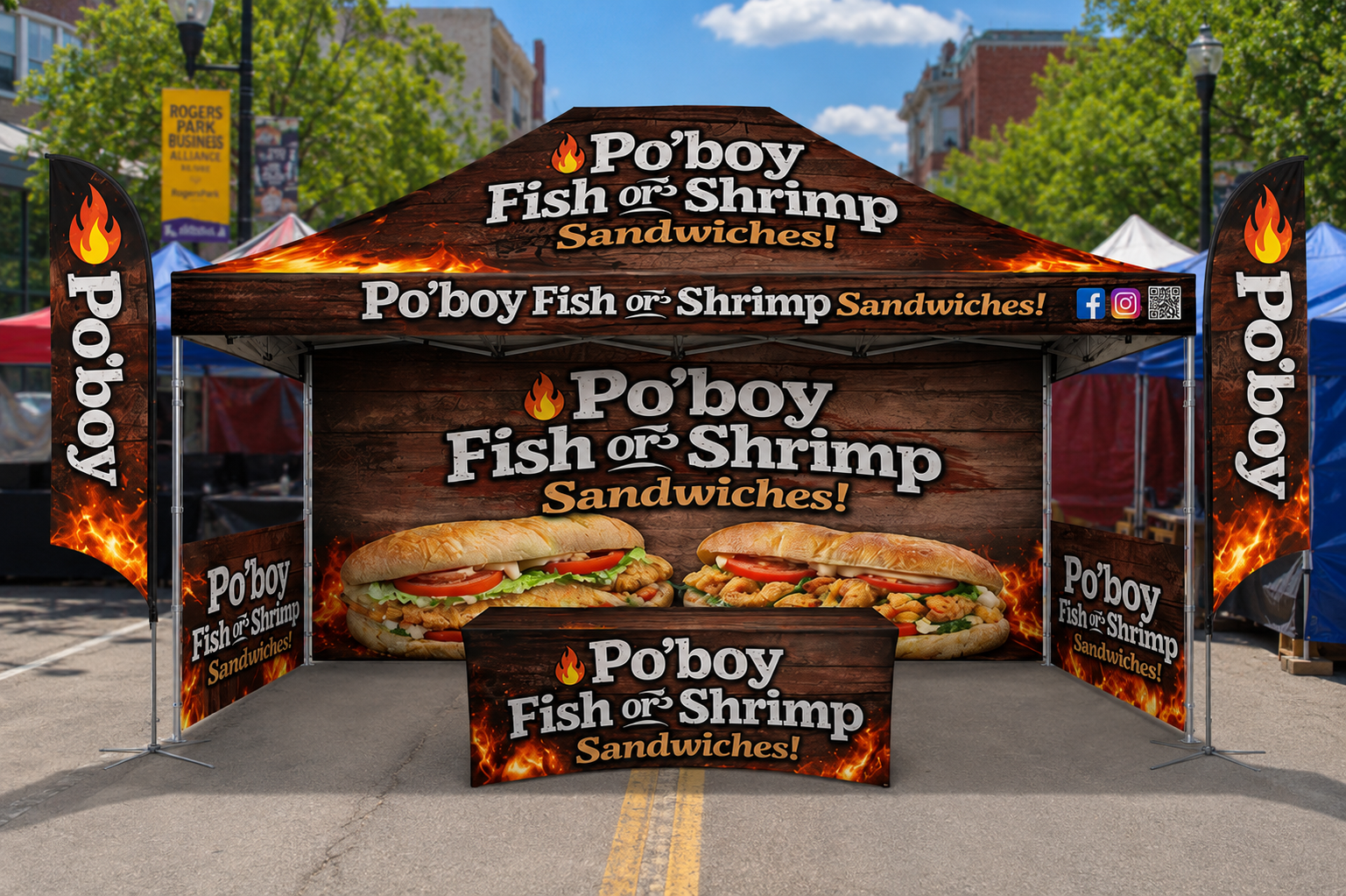 PACKAGE #7-TSE-Trade Show Essential 10x15 Custom Canopy Tent – HEX Aluminum Frame, Full Back Wall & Half Side Walls + Flags + Table Cover