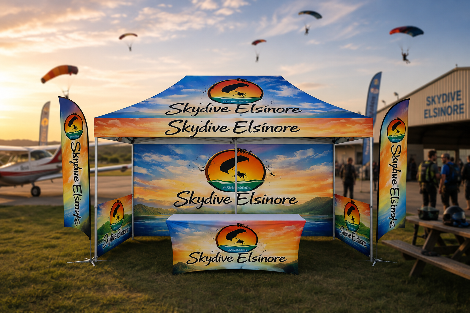 Trade Show Essential 10x20 Custom Canopy Tent – HEX Aluminum Frame, Full Back Wall & Half Side Walls + Flags + Table Cover